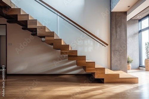 Contemporary Wooden Stairs In New House Elegant Architecture And Design. Сoncept Monochrome Minimalist Home Decor, Rustic Farmhouse Kitchen, Scandinavian Interior Design, Vintage-Inspired Living Room