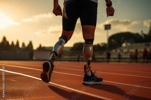 Disabled Person Exercising With Prosthetic Leg On Sports Track. Сoncept Inclusive Fitness, Adaptive Sports, Overcoming Challenges, Empowering Individuals, Inclusivity In Athletics