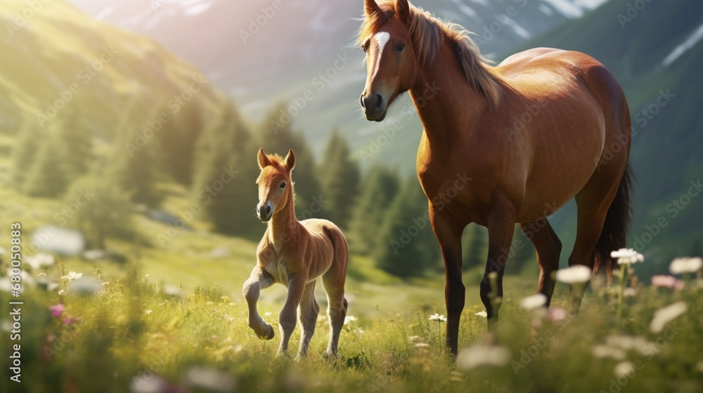 Fototapeta premium A foal takes its first steps in the meadow, supported by its proud mother.
