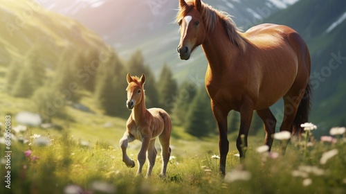 A foal takes its first steps in the meadow, supported by its proud mother.