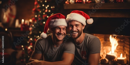 Happy gay couple on Christmas Eve, Happy New Year. Family holiday. Generative AI