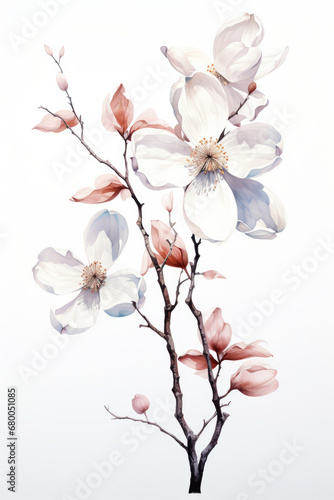 The Dogwood flower's ballet unfolds on this exquisite watercolor painting against a pure white canvas. Delicate hues and meticulous details reveal the flower's intricate beauty.