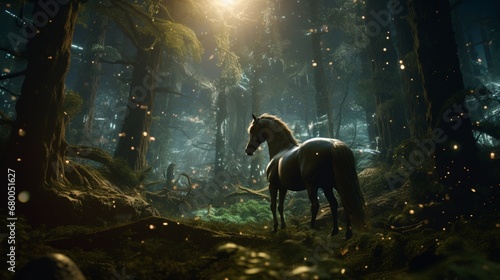 a forest where the amazing horse embarks on a journey through towering, crystalline trees that reach for the heavens.