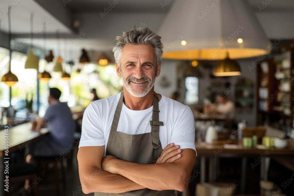 Happy Small Business Restaurant Owner Looks Into Camera Happy Small Business Restaurant Owner Looks Into Camera