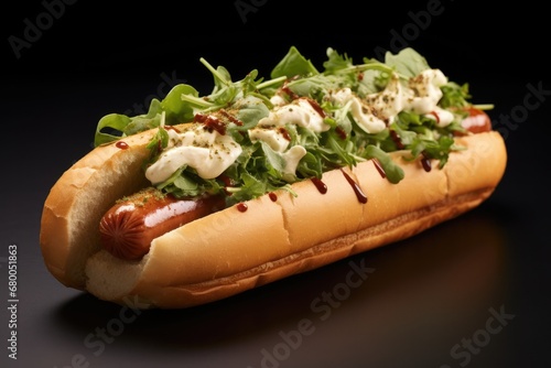 Hotdog With Sausage, Mayonnaise, And Greens. Сoncept Food Photography, Gourmet Hotdogs, Delicious Ingredients, Appetizing Presentation