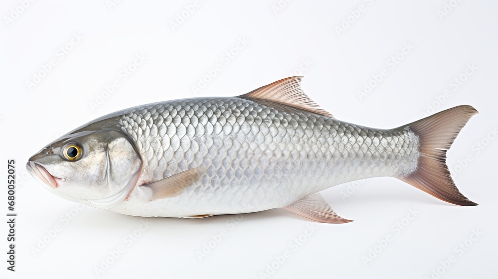 Rohu fish with a red tail fin swimming in White background, generative ai Rohu fish with a red tail fin swimming in White background, generative ai