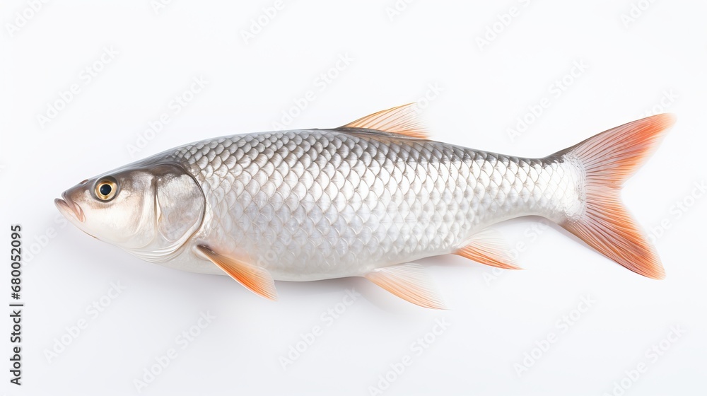 Rohu fish with a red tail fin swimming in White background, generative ai Rohu fish with a red tail fin swimming in White background, generative ai