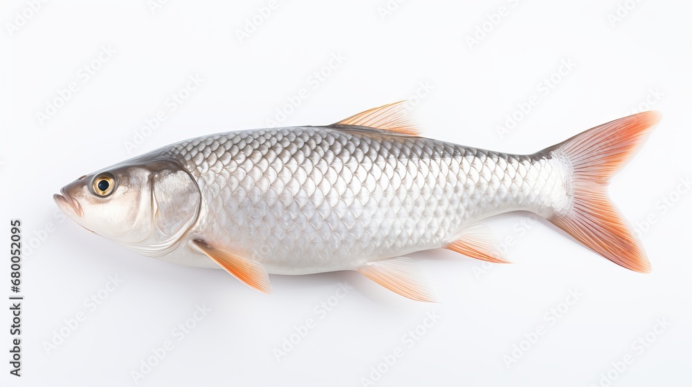  Rohu fish with a red tail fin swimming in White background, generative ai