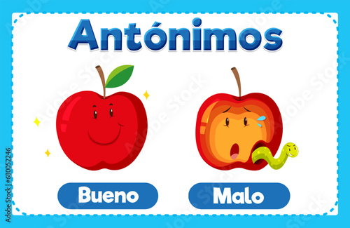Antonym Word Card: Bueno and Malo means good and bad