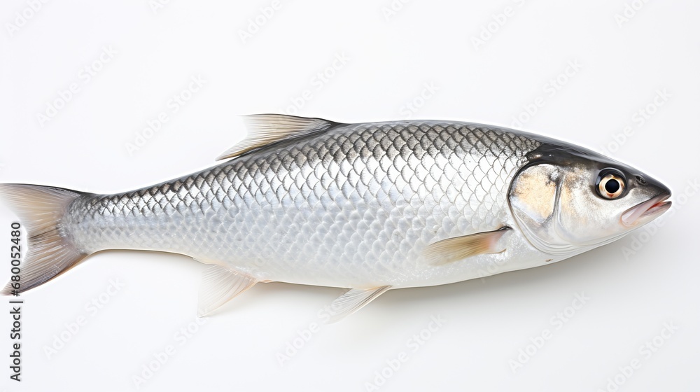 Rohu fish with a red tail fin swimming in White background, generative ai Rohu fish with a red tail fin swimming in White background, generative ai