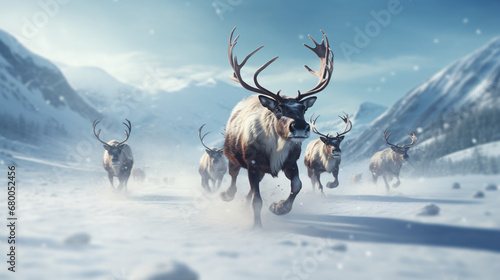 Reindeers running in snowy field under sky