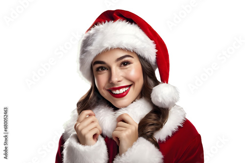 Smiling Christmas girl with santa hat on transparent background. Red and white clothes.