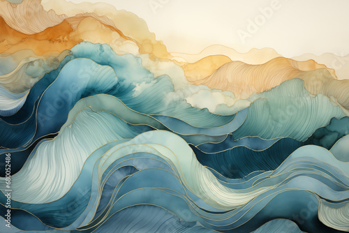 Abstract ocean wave with sun and sky, curvy lines and fluid swirls. Fairytale blue, aqua, yellow pastel colors summer sky vacation travel background, watercolor graphic resource. Copy space backdrop