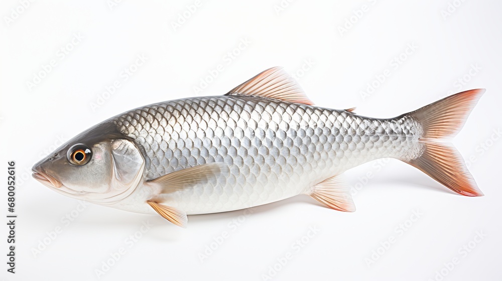  Rohu fish with a red tail fin swimming in White background, generative ai