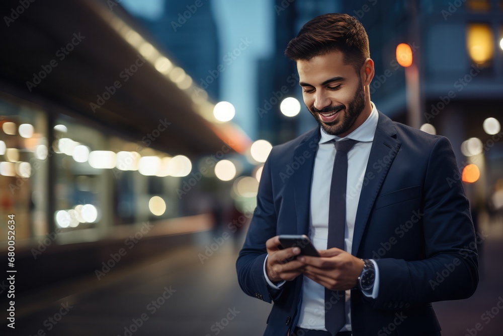 Naklejka premium Smiling Businessman Holding Phone, High Quality Photo
