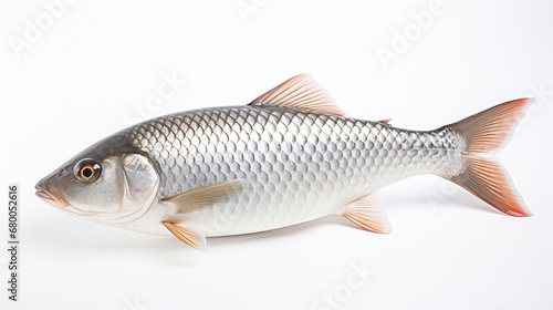  Rohu fish with a red tail fin swimming in White background, generative ai