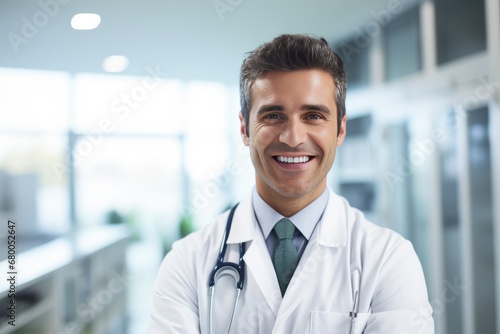 Smiling Male Doctor In Corridor, Healthcare Theme © Anastasiia