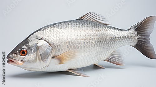  Rohu fish with a red tail fin swimming in White background, generative ai