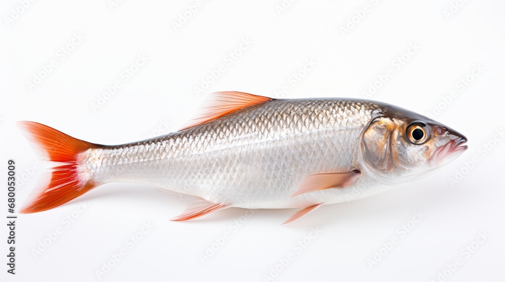 Rohu fish with a red tail fin swimming in White background, generative ai Rohu fish with a red tail fin swimming in White background, generative ai