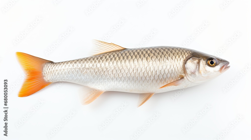  Rohu fish with a red tail fin swimming in White background, generative ai