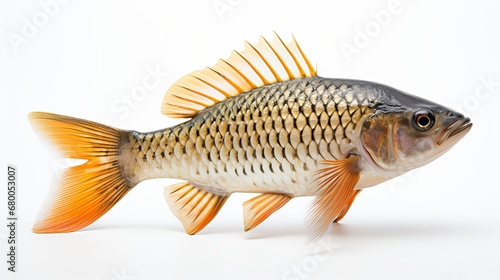  Rohu fish with a red tail fin swimming in White background, generative ai