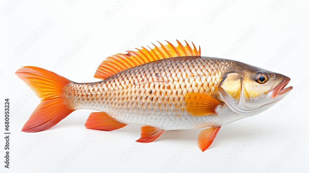 Rohu fish with a red tail fin swimming in White background, generative ai Rohu fish with a red tail fin swimming in White background, generative ai