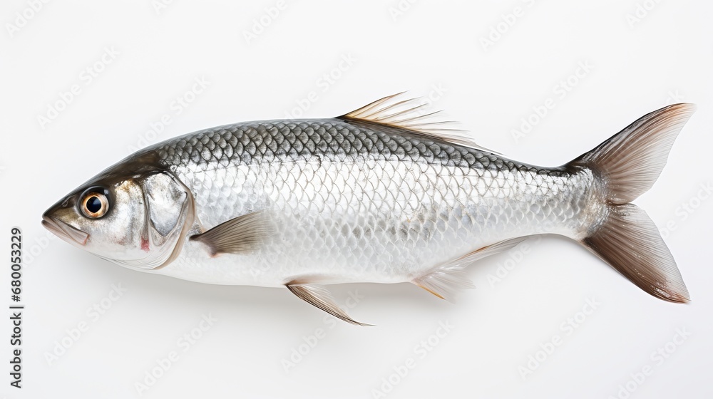 Rohu fish with a red tail fin swimming in White background, generative ai Rohu fish with a red tail fin swimming in White background, generative ai