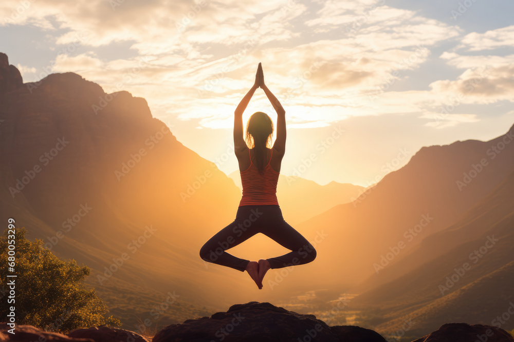 Woman Doing Yoga Against Backdrop Of Mountains