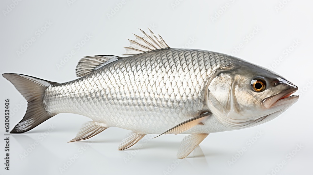 Fototapeta premium Rohu fish with a red tail fin swimming in White background, generative ai