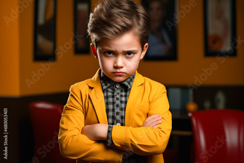 Young boy in yellow jacket and checkered shirt.