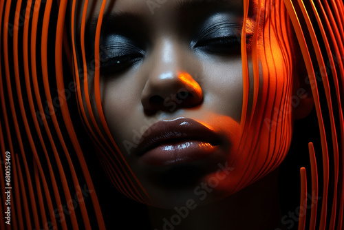 Woman with orange hair and black makeup with orange strips.