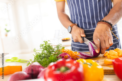 Hands of happy biracial man in apron chopping vegetables in sunny kitchen at home photo