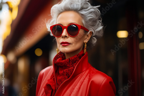 Woman with white hair wearing red sunglasses and red jacket.