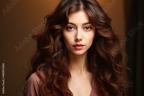 Woman with long brown hair and red lipstick on her face.