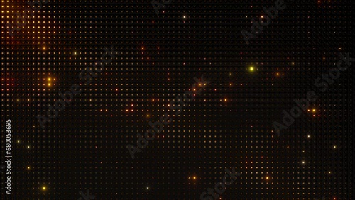 3D rendering glows gold light with random movement behind the black wall with a lot of tiny holes.