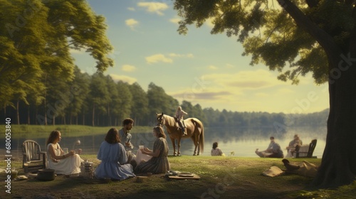 A group of friends enjoy a picnic by the pond, while horses drink from the water's edge.