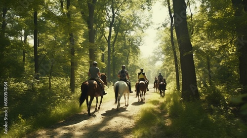 A group of riders embarks on a scenic trail ride through the farm's wooded trails. © Muzamil