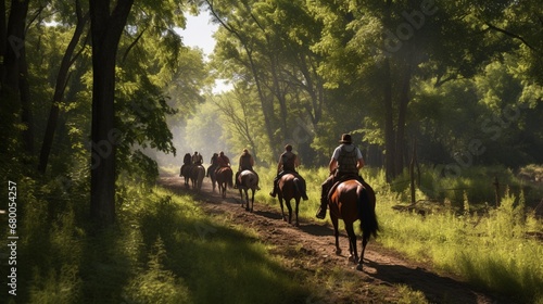 A group of riders embarks on a scenic trail ride through the farm's wooded trails.