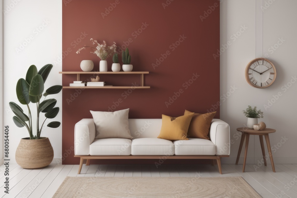 Interior design of living room with wooden shelf. Wall decor with clock, orchid flower plant and small vase. White wall with copy space. Modern home decoration Interior design of living room with wooden shelf. Wall decor with clock, orchid flower plant and small vase. White wall with copy space. Modern home decoration