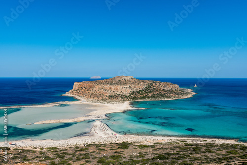 Blue lagoon in Balos, Crete, Greece. Beautiful lagoon at Mediterranean Sea. Balos Bay capture on the top of the mountain. View from above on a Gramvousa Island. photo
