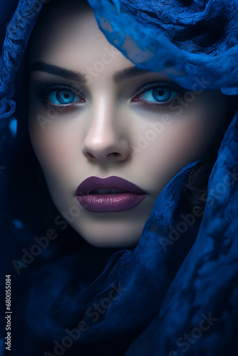 Woman with blue eyes and blue scarf around her head.