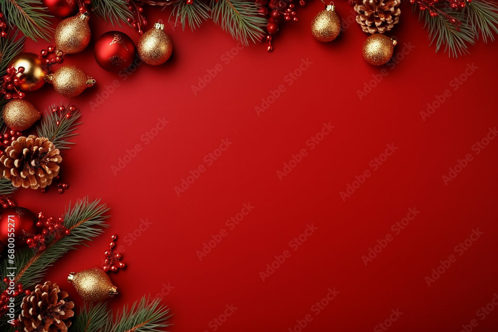 Christmas Border: Fir Branches and Decoration Ornaments on Red Background Created with generative AI tools