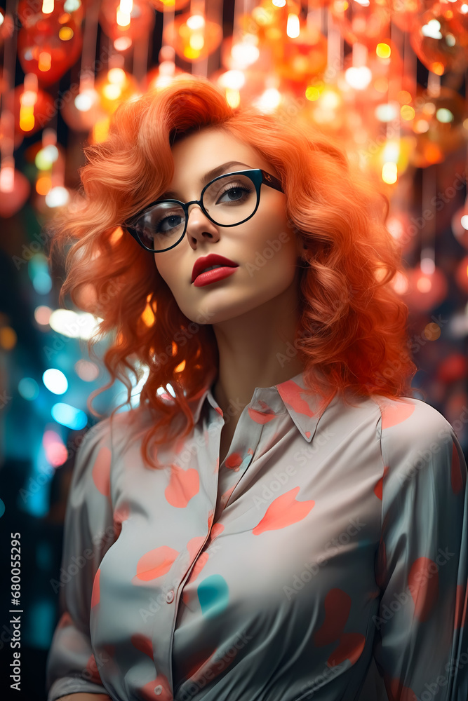 Woman with red hair and glasses is posing for picture.