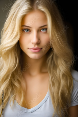 Woman with long blonde hair and blue eyes looking at the camera.