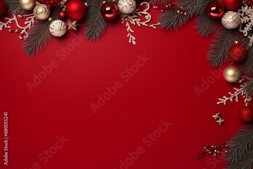 Christmas Border  Fir Branches and Decoration Ornaments on Red Background Created with generative AI tools