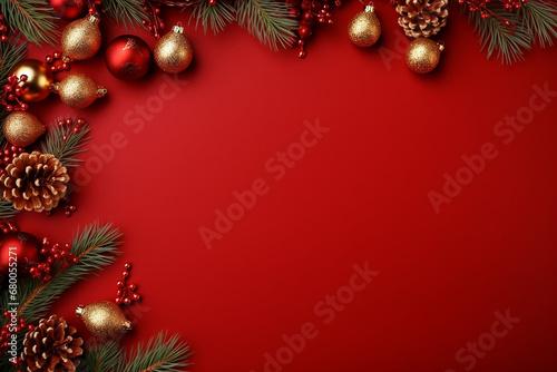 Christmas Border  Fir Branches and Decoration Ornaments on Red Background Created with generative AI tools
