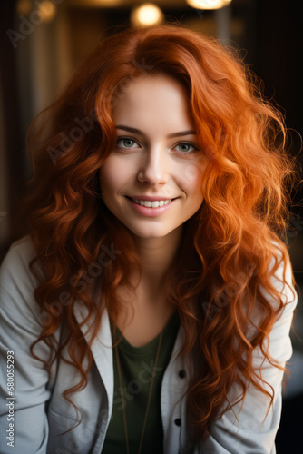 Woman with red hair is smiling for the camera.