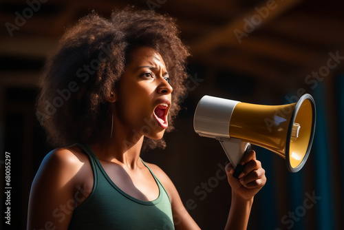 Woman holding hair dryer and yelling into it.