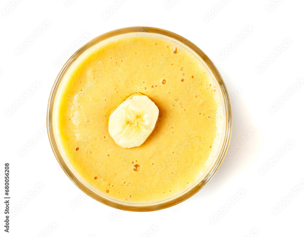 Banana smoothie isolated on white background, cut out,top view Banana smoothie isolated on white background, cut out,top view