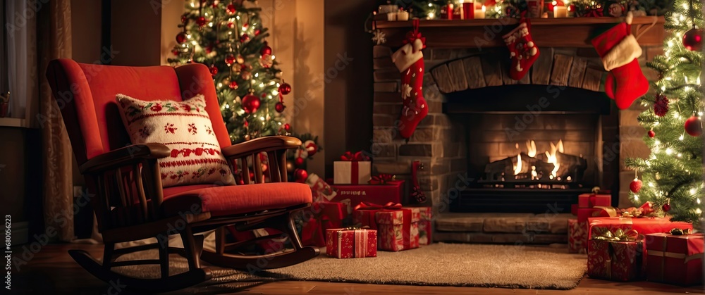 christmas themed living room, rocking chair and stockings on by the fireplace,  christmas tree and christmas presents, in the style of captivating lighting